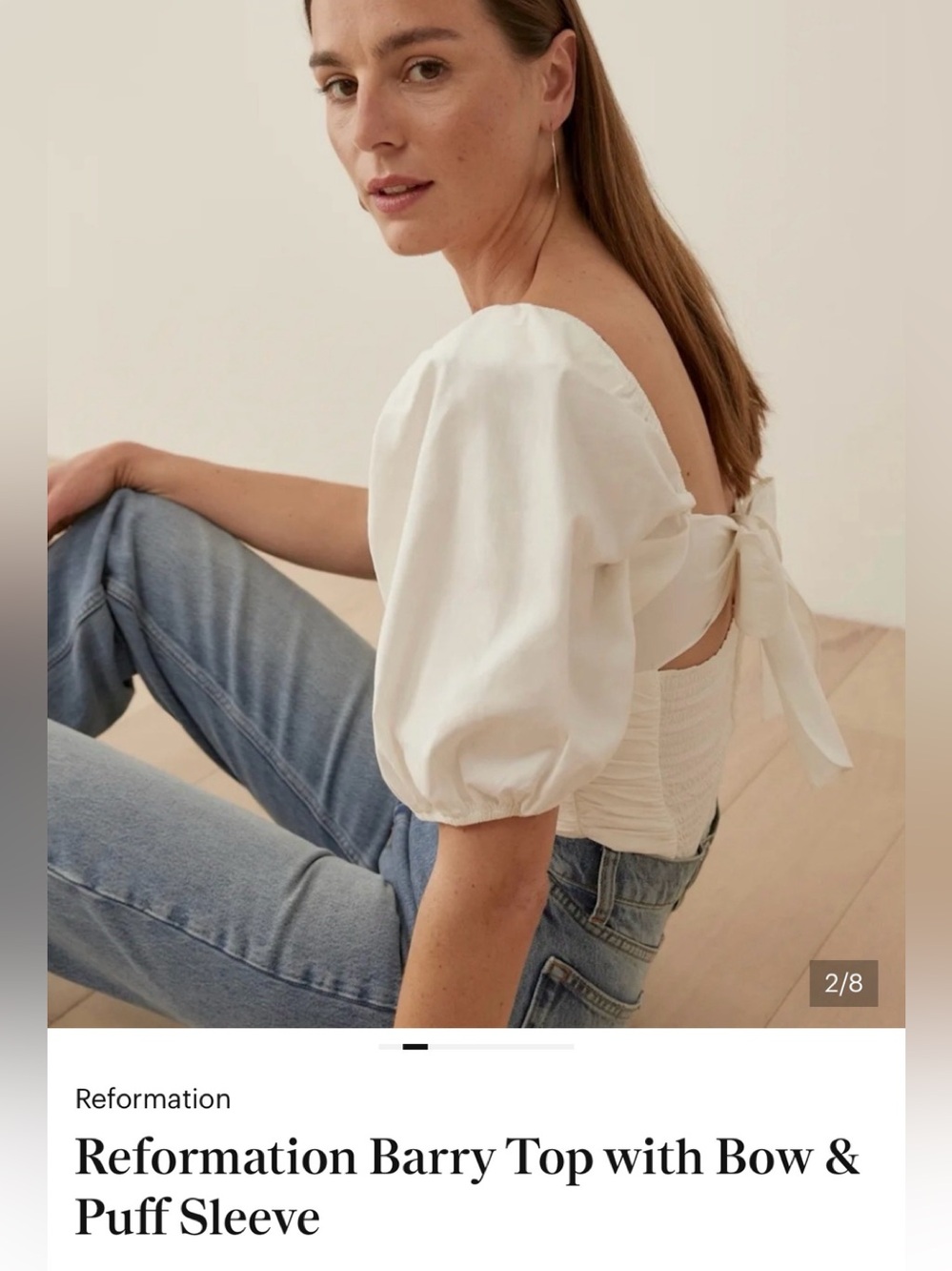 Reformation White Puff-Sleeve Tie-Back Linen Top